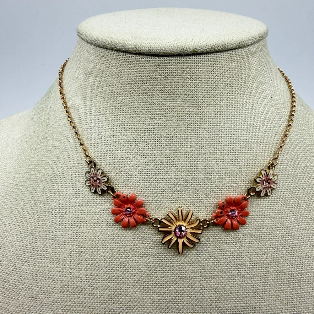 Gold Tone Pink Floral Rhinestone Necklace Daisy Coquette Cottagecore Gift